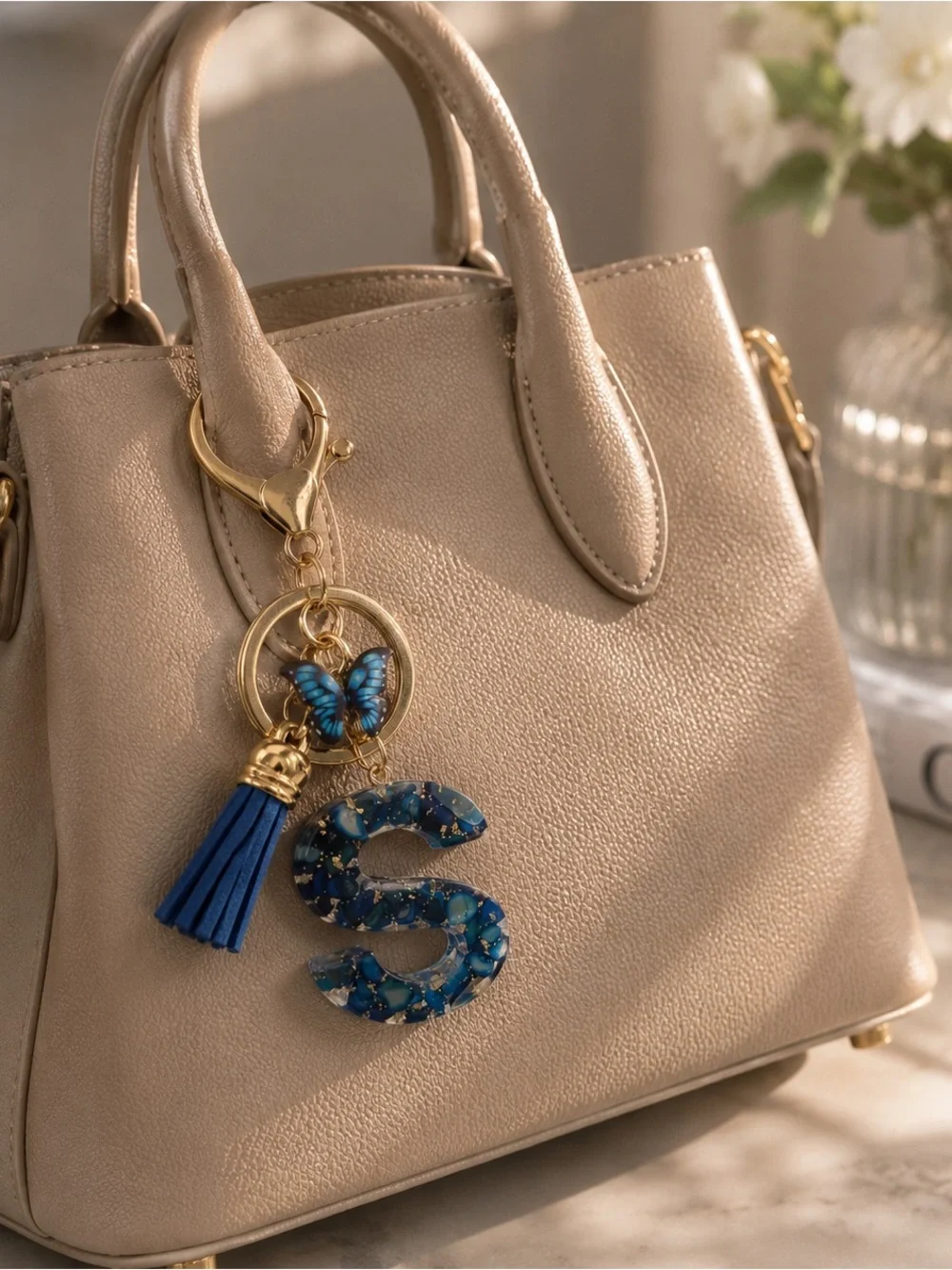 Monogram 'S' Blue Butterfly Tassel Keychain NWOT